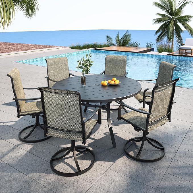 Outdoor Dining Set 54" Patio Round Table with 6 Swivel Chairs Tan Grey Sty2 | 6 Piece Swivel Chairs: High Back, Curved Armrest, Textilene Fabric, Rocking; 6-8 Person 54 inch Metal Round Table