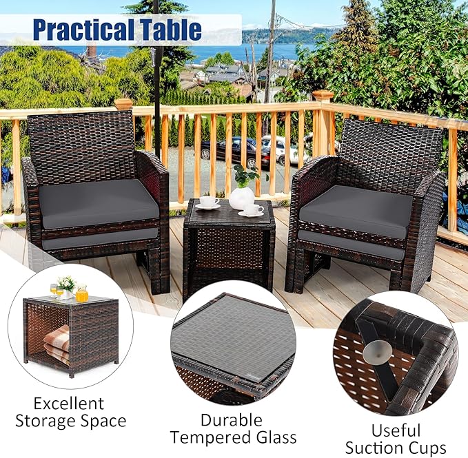 Tangkula 5 Pieces Wicker Patio Conversation Set, PE Rattan Outdoor Chairs & Ottomans Set with Single-Door Storage Coffee Table, Space-Saving Patio Furniture for Poolside, Backyard, Lawn, Deck (Grey)