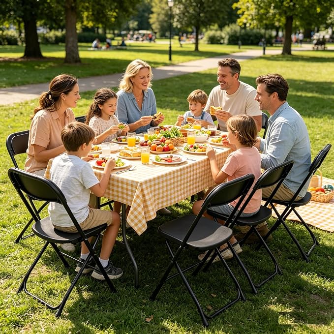 6FT Folding Table Set with 6 Plastic Folding Chairs, Black Heavy Duty Fold-in-Half Utility Table Chairs Sets for Picnic, Event, Training, Dining, Outdoor Activities Commercial Use