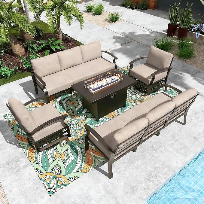 Gotland Aluminum Patio Furniture Set with Fire Pit Table, Metal Patio Furniture with 2 Swivel Rocking Chairs Waterproof 5.1'' Seat Cushions, Oversized Outdoor Sectional for Garden Balcony Porch Khaki