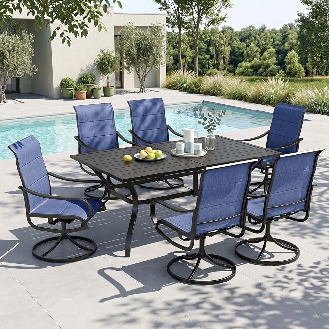 MFSTUDIO Patio Dining Set for 6 w/Metal Table & Swivel Chairs, Navy Blue | Padded textilene, Ergonomic high back, Rectangular, Umbrella hole, Weather-reistant, Patio deck garden backyard