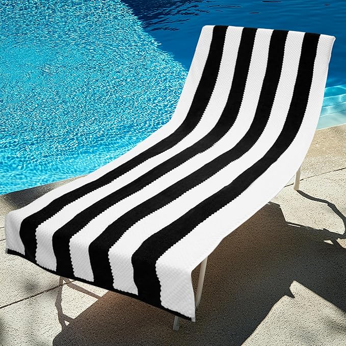 COTTON CRAFT Beach Lounge Chair Cover – 2 Pack Euro Spa Waffle Terry Towel Cabana Stripe Pool Chair Cover - 100% Cotton - 450 GSM Absorbent Quick Dry - Oversized 32 W x 82 L x 7 inch Pocket - Black