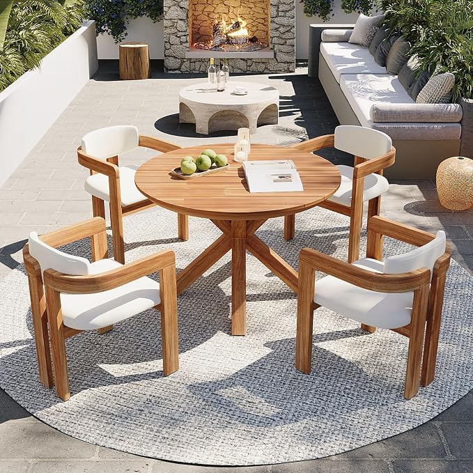 Outdoor Patio Furniture Set of 5, Acacia Wood Round Dining Set with 4 Barrel Chairs & Non-Removable Cushion, 5-Piece Patio Furniture for Backyard Deck Poolside, Natural + Beige