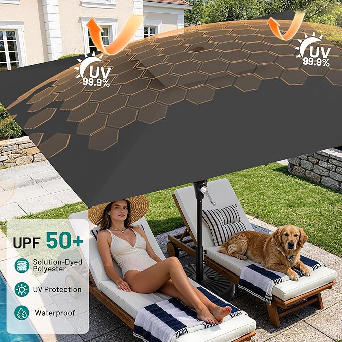 AreShark 8'x10' 2 Tiers Rectangular Patio Umbrella - Outdoor Umbrella Waterproof UV Protection, Market Table Umbrella w/Crank for Pool, Backyard, Deck(Black)