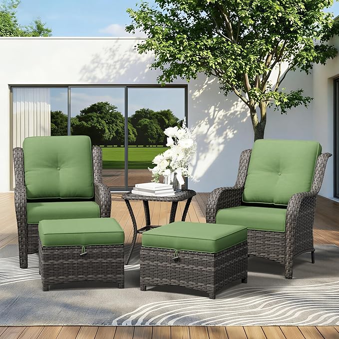 5 Piece Outdoor Wicker Patio Furniture Set, Patio Chairs Set with Thickened Olefin Cushions, High Back and Deep Seating, Hand-Woven PE Rattan, Ottoman for Porch, Deck