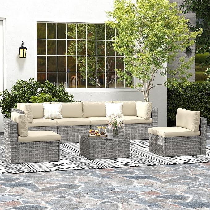 May in Color 7 Pieces Outdoor Patio Furniture Sets with Glass Tea Table, PE Rattan Wicker Patio Conversation Set with Washable Cushions, Outdoor Patio Sectional Sofa Couch, Beige