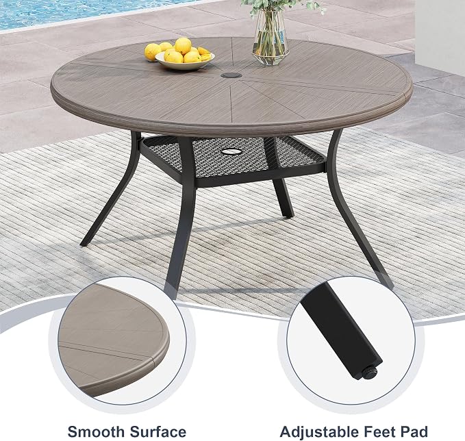 VICLLAX Round Patio Dining Table, 4 Person Aluminum Outdoor Dining Table with Umbrella Hole and Storage Shelf for Garden Lawn Deck, 40.6" Grey