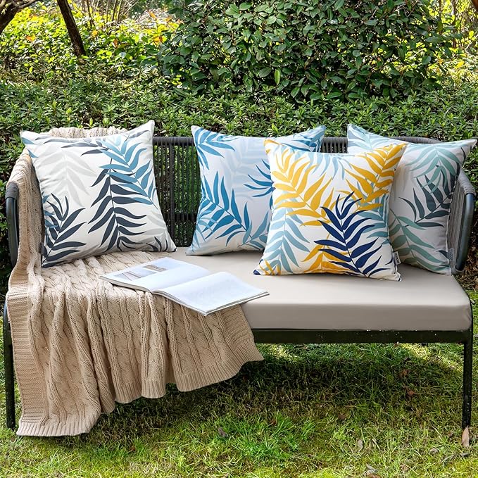 MIULEE Pack of 2 Decorative Outdoor Waterproof Throw Pillow Covers Patio Pillow Cases Natural Leaves Pattern Spring Square Cushion Shams Shell for Garden Balcony Couch 18x18 Inch, Navy Blue