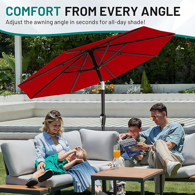 AreShark 10 FT Outdoor Patio Umbrella, Patio Table Umbrella with Push Button Tilt and Crank, Outdoor Patio Umbrellas with 8 Fiberglass Ribs, Patio Umbrellas for Market, Garden, Pool (Red)