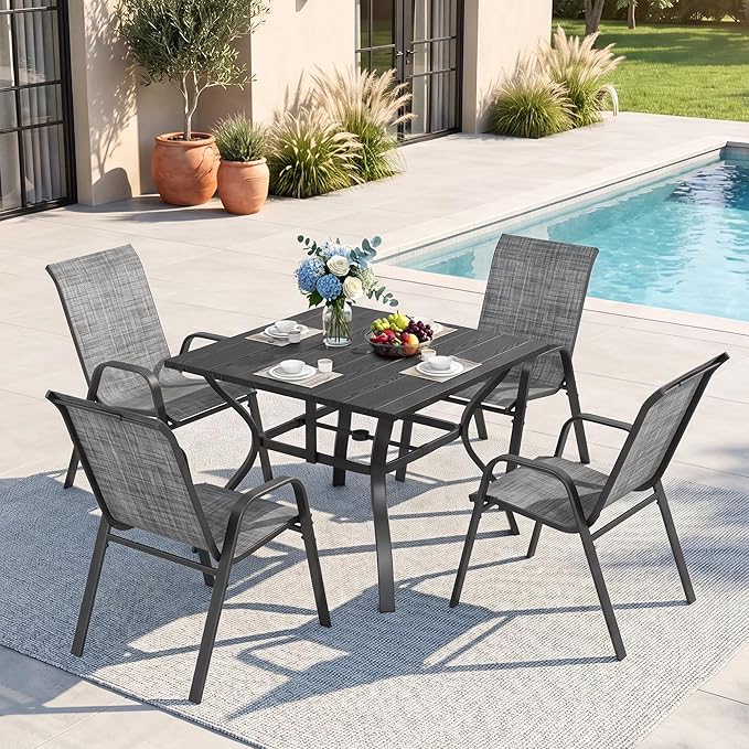 Outdoor Dining Set for 4, Patio Metal Table and Chairs Set with 1.97'' Umbrella Hole, 5pcs Patio Furniture Set 37.8”x37.8” Dining Table Set with Stackable Chairs for Backyard Pool Deck