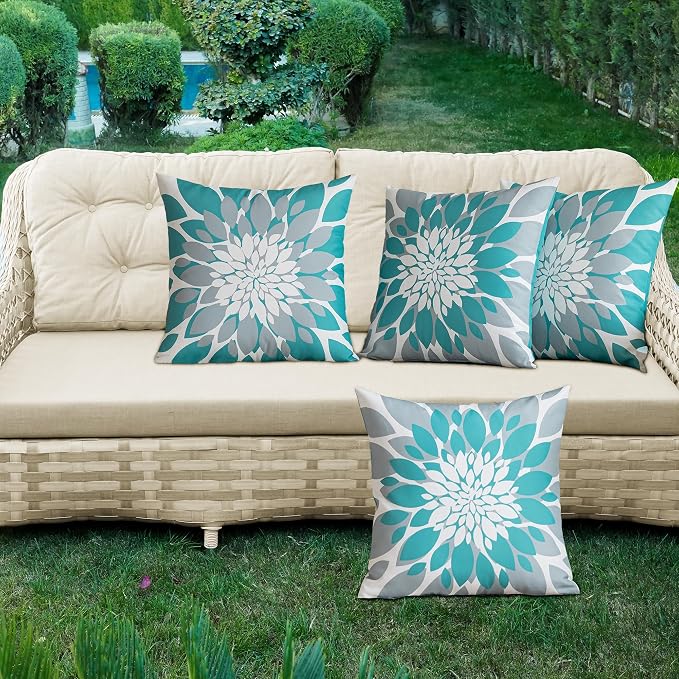 Pack of 4 Outdoor Waterproof Pillow Covers 24x24 Decorative Outdoor Throw Pillows Garden Square Cushion Cases for Patio Furniture, Couch, Tent Sunbrella, Bench, Teal Turquoise Grey