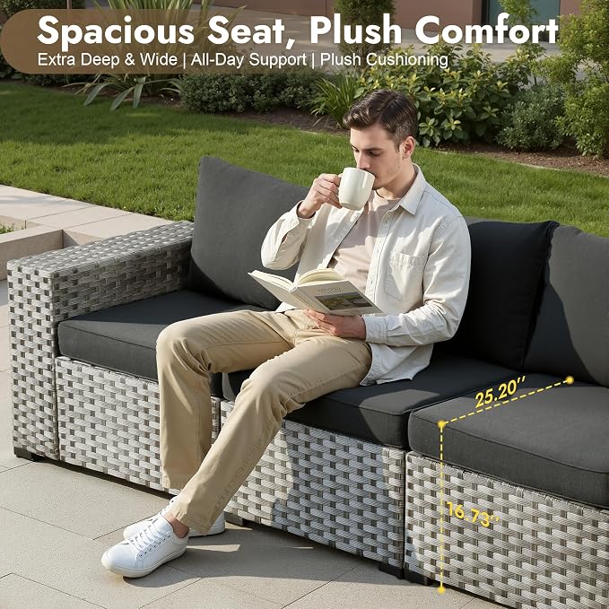 6 Pieces Patio Furniture Set, Wicker Outdoor Sectional Sofa with Coffee Table Comfy Cushions,Modern Modular Deep Seat Rattan Couch Conversation Set for Backyard Porch Yard,Black