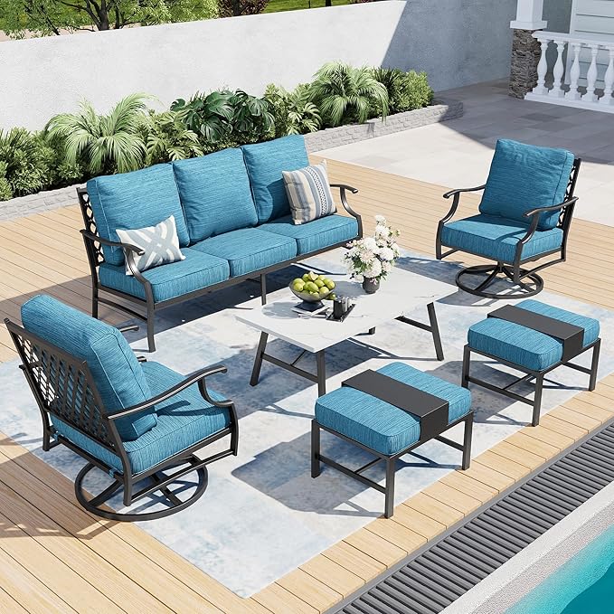6 Piece Metal Outdoor Patio Furniture Set, Patio Conversation Sets 3-seater Sofa, 2 Swivel Chair, 2 Ottomans with 5.75" Thick Cushion and Coffee Table, Black Backyard Furniture, Blue-2