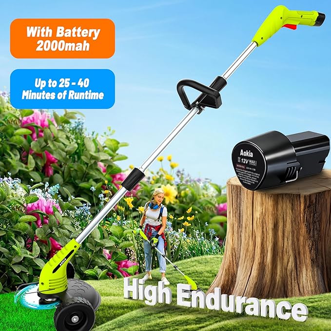 Electric Weed Wacker Cordless, 12V Battery Powered Weed Eater Cordless with 65inch Adjustable Pole, Lightweight (3.72lbs) Grass Trimmer Cutter/Edger/Mower with 2 Types Blade for Yard Lawn and Garden