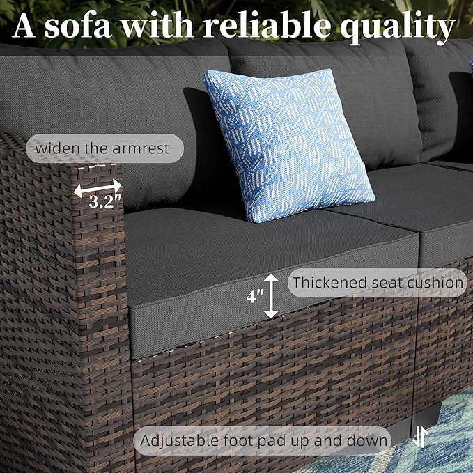 7 Pieces Patio Furniture Set - Outdoor Sectional Wicker Rattan Furniture with Cushion and Glass Table Patio Conversation Sets for Porch Poolside Backyard Outdoor Sofa Set Modular Sofa