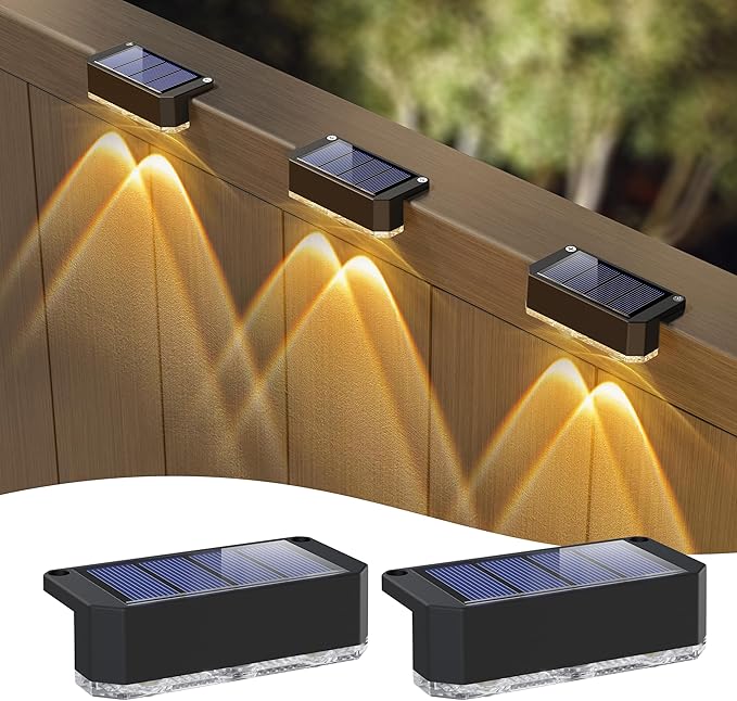Peasur Solar Fence Lights Outdoor, 2 Pack Step Light Solar Powered, Waterproof LED Deck Lights for Stairs Railing Yard Patio Outside Warm White