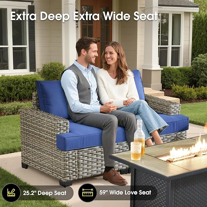 Rattan Patio Furniture Set with Fire Pit,10 Pieces Outdoor Sectional with Single Chair Ottoman,Out Door Furniture Conversation Set,Navy Blue