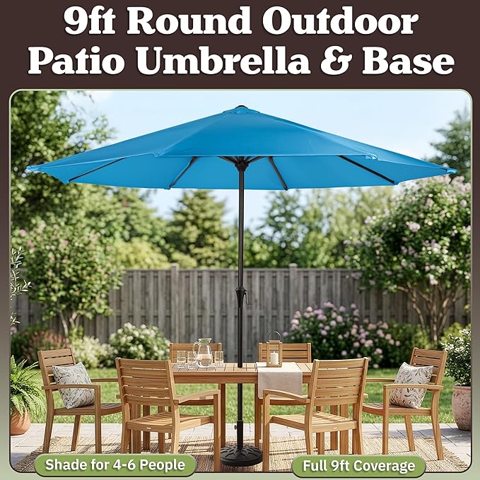Pure Garden 9FT Round Patio Umbrella with 19lb Weighted Base - Easy Crank, Vented Canopy Outdoor Umbrella for Shade - For Deck, Balcony, Porch, Backyard, or Pool (Blue)