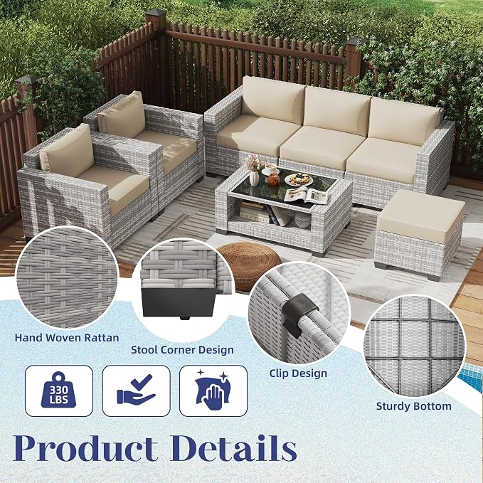 KIGOTY Patio Furniture Set 7 PCS Patio Conversation Sets, All-Weather PE Rattan Outdoor Sectional Sofa with Cushion and 2- Tier Glass Coffee Table（Grey White/Grey）