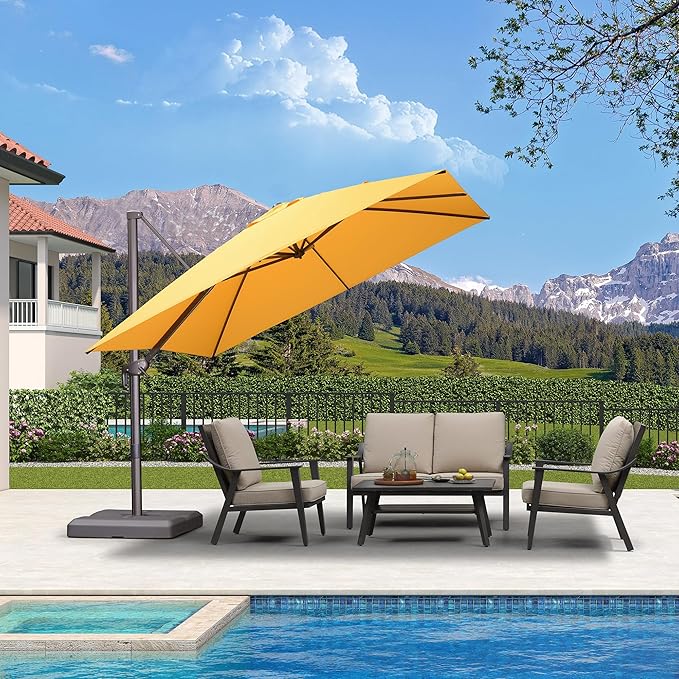 PURPLE LEAF 10' X 10' Patio Cantilever Umbrella Antique Bronze Square Outdoor Umbrella with 360° Rotation and Aluminum Offset Hanging for Garden Backyard Pool, Yellow