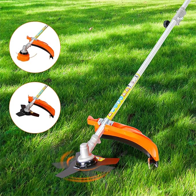 52cc Gas Trimmer Weed Eater, 6 in 1 String Trimmer, Wheeled Edger, Hedge Trimmer and Brush Cutter Blade for Quick Weed Grass Cleaning Crop Seed Soil Protection Tools