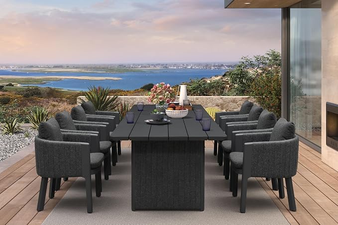 PURPLE LEAF Luxury 9-Piece Oversize Outdoor Dining Set for 8 Powder-Coated Aluminum Patio Table and Handwoven Olefin Rope Chairs with Cushions Weather-Resistant Patio Furniture Carbon Slate Color