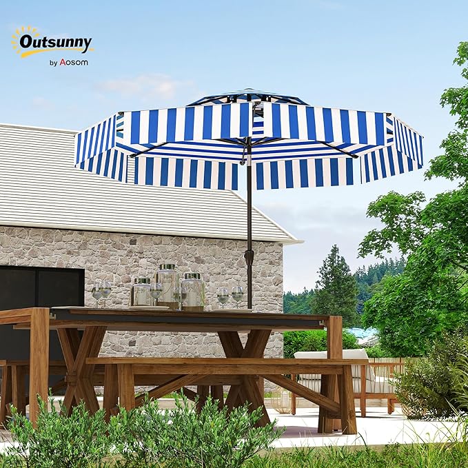 Outsunny 8.6FT Patio Umbrella, UPF 30+ Outdoor Market Umbrella, 2-Tier Vented Patio Table Umbrella with Crank 8 Ribs, Tiltable Porch Umbrella for Garden Deck Poolside, Navy Blue