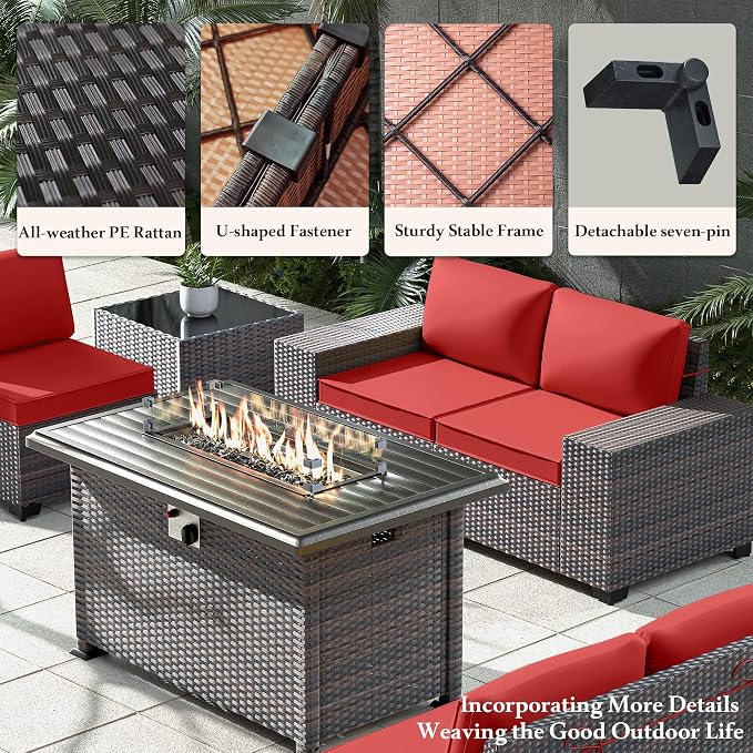 13 PCS Outdoor Patio Furniture Set,Outdoor Sectional Furniture with 43" 55000 BTU Gas Propane Fire Pit Table,All Weather PE Rattan Wicker Patio Conversation Set,Red