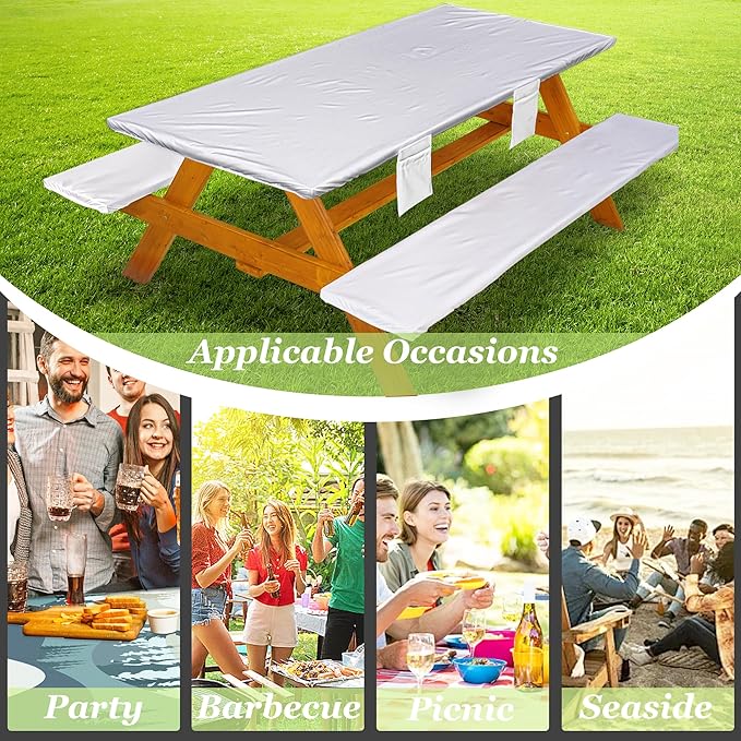 Picnic Table Cover with Bench Covers Vinyl Elastic Edges Fitted Rectangle Seat Tables Waterproof 3-Piece72X30in Set Outdoor Rectangular Folding Backing Tablecloth for Camping Over Size