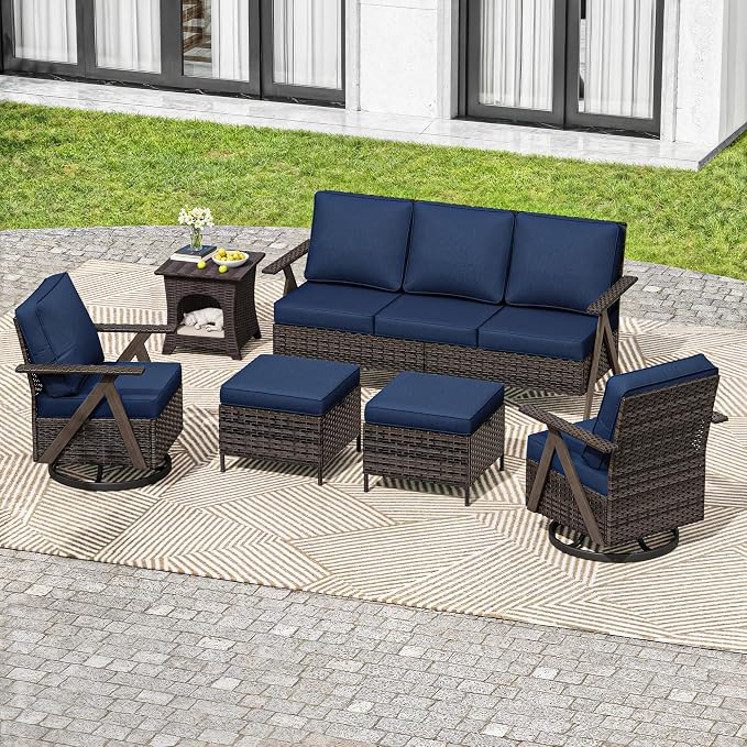 6 Piece Patio Furniture Set, Wicker Patio Conversation Set with Swivel Glider Chair and Outdoor 3-Seater Sofa and 2 Ottomans and Side Table for Deck Yard and Poolside