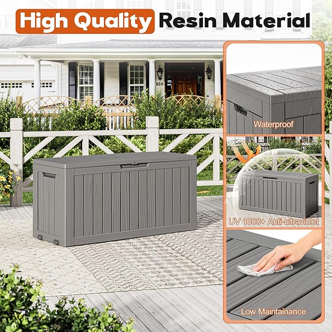 Outdoor Storage Box, Resin Deck Boxes Indoor and outdoor, Waterproof Storage Box Lockable Lid (Grey, 80 Gallon)
