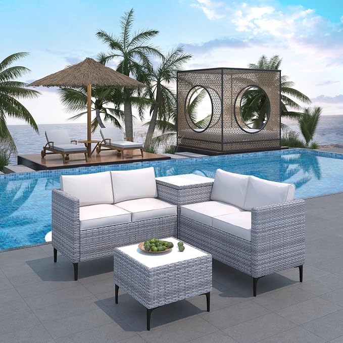 Outdoor PE Rattan Patio Conversation Set with Storage, All-Weather Wicker Sectional Sofa with Cushions for Backyard Garden Porch, Grey White and Khaki
