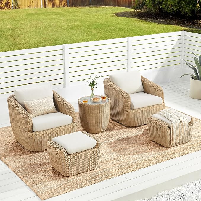 CHITA 5 Pieces Patio Wicker Furniture Set, Outdoor Rattan Bistro Set with Removable Thickened Cushions, Fully Assembled(Beige Cushions with Light Brown Wicker)