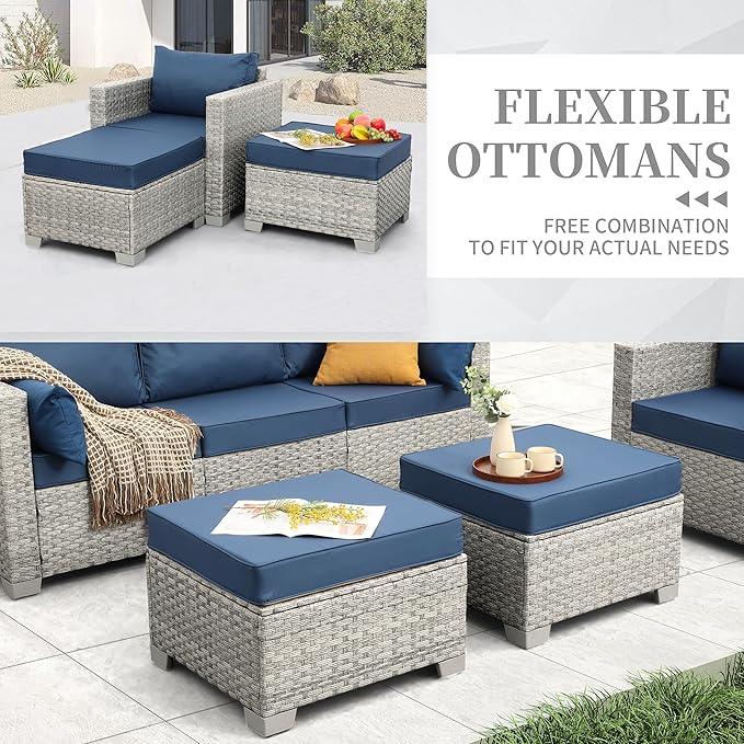 WAROOM Patio Furniture Set 6 Piece PE Rattan Outdoor Conversation Sets Grey Wicker Couch Sectional Sofa with 30" Fire Pit Table and Navy Blue Cushion