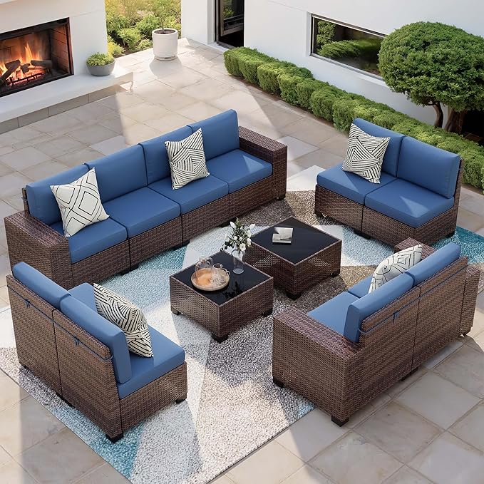 Patio Furniture Set, 12 Pieces Outdoor Sectional Sofa Conversation Sets with Waterproof Cover Modern Wicker Seating Set, 4'' Thickened Cushions & 2 Glass Coffee Table, Navy Blue