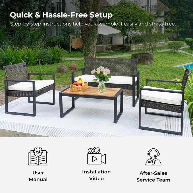 LUMISOL 4-Piece Outdoor Wicker Patio Conversation Furniture Set for Backyard, Wicker Conversation Set Outdoor with Acacia Wood Table Top, Brown