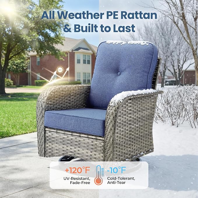 7 Piece Wicker Patio Furniture Set with Swivel Rocker Chairs, Blue | High Back Rocking Chair Sofa, Heavy Duty All Weather Rattan Outdoor Conversation Set, Thick Cushion, Balcony Porch Backyard