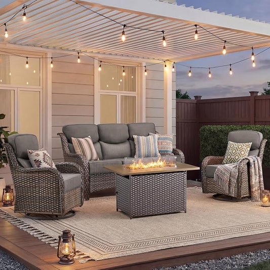 Luxury Patio Furniture Set with Fire Pit Table-4 Pieces High Back Wicker Swivel Rocker Chairs with 6" Extra Thick Cushions, Outdoor Patio Conversation Sets for Porch Deck Backyard(Brown/Grey)
