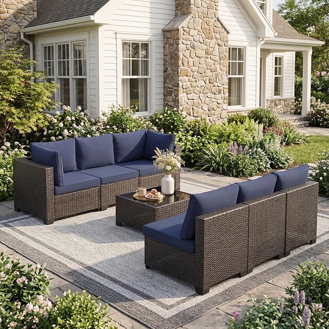ANJ 7 Piece Outdoor Wicker Patio Furniture Set, Modular Loveseat Sofa with with Glass Top Coffee Table, All-Weather Rattan Conversation Couch Set for Balcony, Backyard, Dark Brown Wicker-Blue