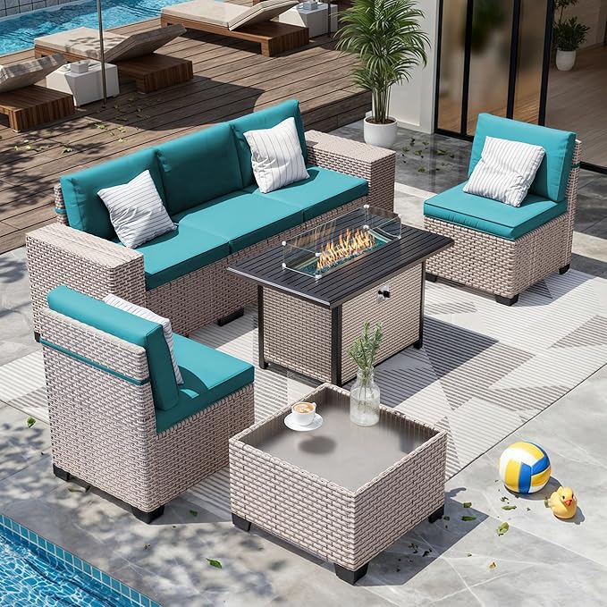 7-Piece Outdoor Patio Furniture Set with Fire Pit, Modular Sectional Sofa Set with Glass Coffee Table and Cushions, Wicker Outdoor Couch Conversation Sets, Turquoise