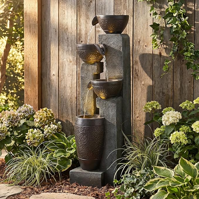 Outdoor Garden Water Fountain-Indoor Polyresin Waterfall Floor-Standing Fountains with LED Lights for Garden, Patio, Deck, Porch, Yard Art Decor (40inch)