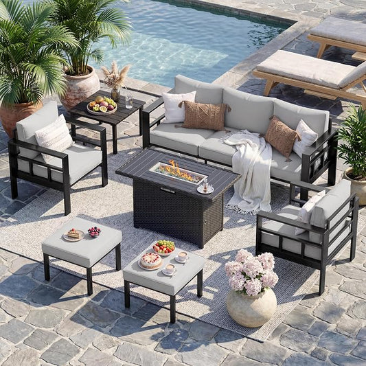 UDPATIO Aluminum Outdoor Furniture Set with 2 Ottomans and Fire Pit Table, 7 Pieces All-Weather & UV-Resistant Patio Sectional Sofa Set for Deck, Backyard, Poolside, Light Gray