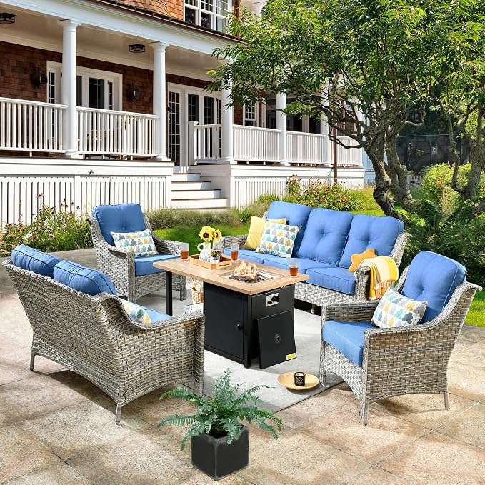 HOOOWOOO 5 Piece Patio Furniture Conversation Sets with Fire Pit Table,Outdoor Wicker Furniture,All Weather Resistant High Back Rattan Outside Furniture Patio Set(Diamond Blue)