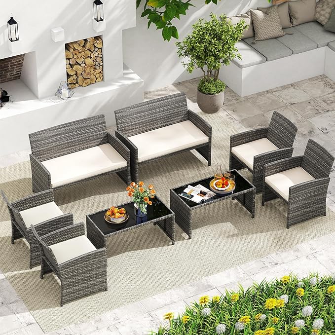 HAPPYGRILL 8 Piece Rattan Wicker Patio Conversation Set, Outdoor Furniture with Chair Loveseat Table & Cushion, for Backyard Porch Balcony (2, Off White)
