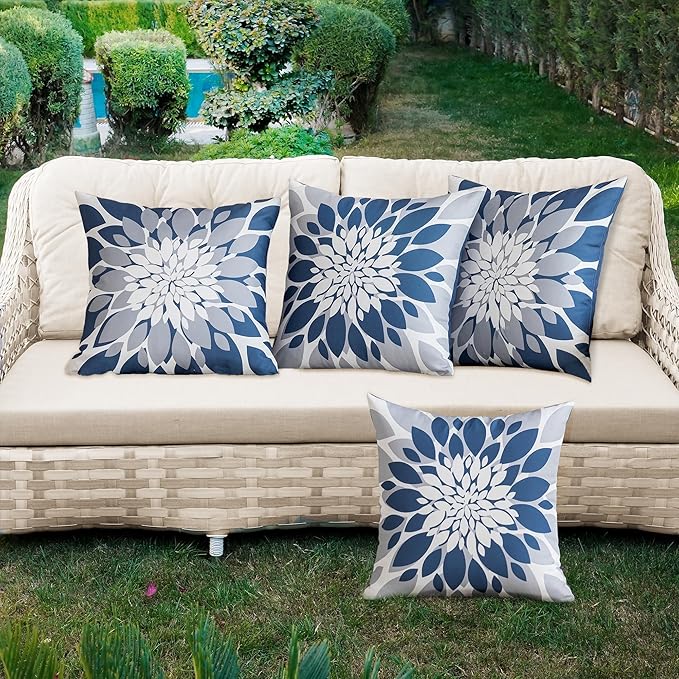 Qahing Pack of 4 Outdoor Waterproof Pillow Covers 24x24 Decorative Outdoor Throw Pillows Garden Square Cases for Patio Furniture, Couch, Tent Sunbrella, Bench, Blue Grey