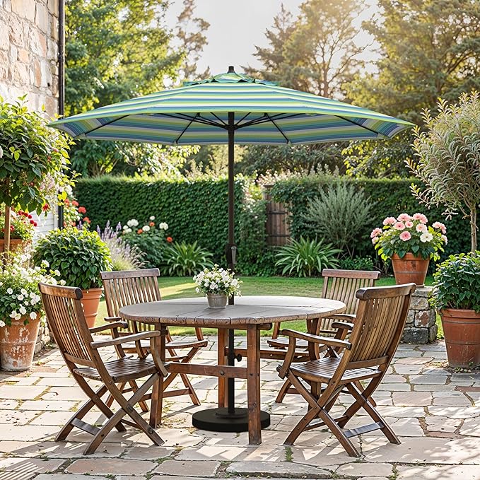 California Umbrella 12-Year Protection 7.5-Ft Outdoor Patio Umbrella, Sunbrella Fade-Resistant Fabric, Auto-Tilt, Heavy Duty Aluminum Frame, 8 Reinforced Ribs for Pool or Deck, Bronze Pole, Seville Seaside