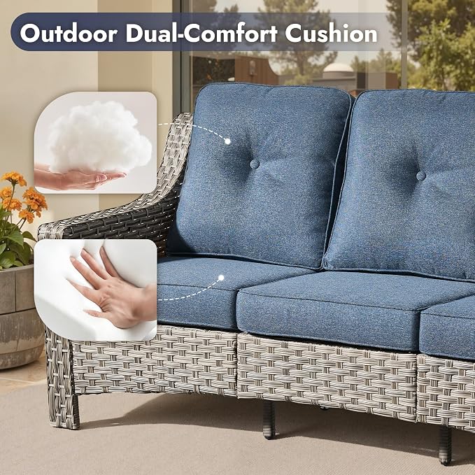 6 PCS Patio Furniture Set, Deep Seat High Back Outdoor Conversation Set with Ottomans, Wicker Outside Furniture with Solar Light Coffee Table for Porch Backyard Balcony, Sunroom, Denim Blue