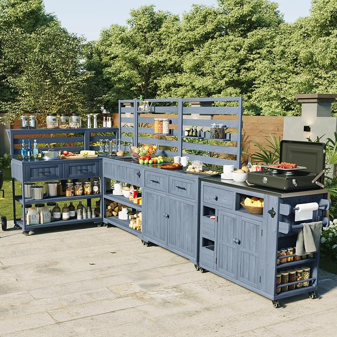 RUNNA 4-Piece Outdoor Rolling Kitchen Island with Sink w/Faucet, Solid Wood Grill Table with Storage Cabinets, Drawers, Stainless Table Top and Movable Shelves for Garden (Gray#38)