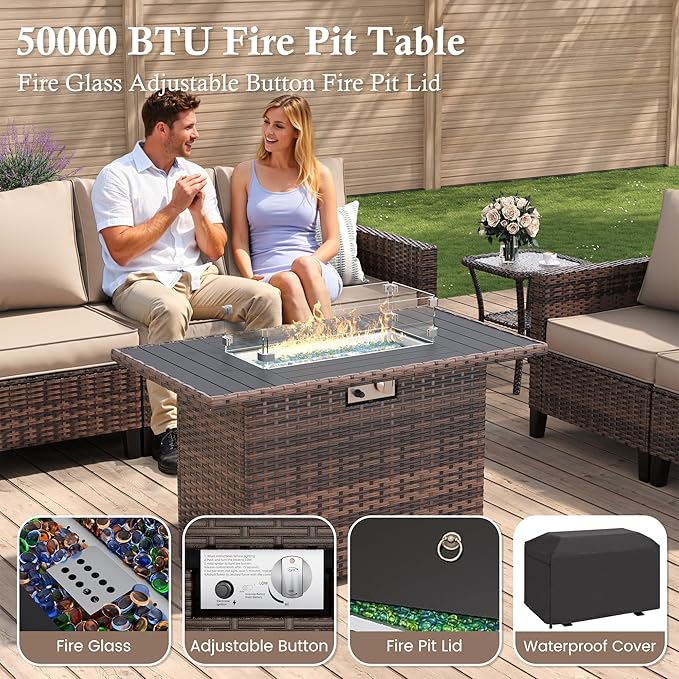 Amopatio Patio Furniture Set, 6-Piece Wicker Outdoor Sectional Sofa with Swivel Rocker Chairs, All-Weather Rattan Conversation Set with Fire Pit Table and Waterproof Cover for Backyard Brown/Khak
