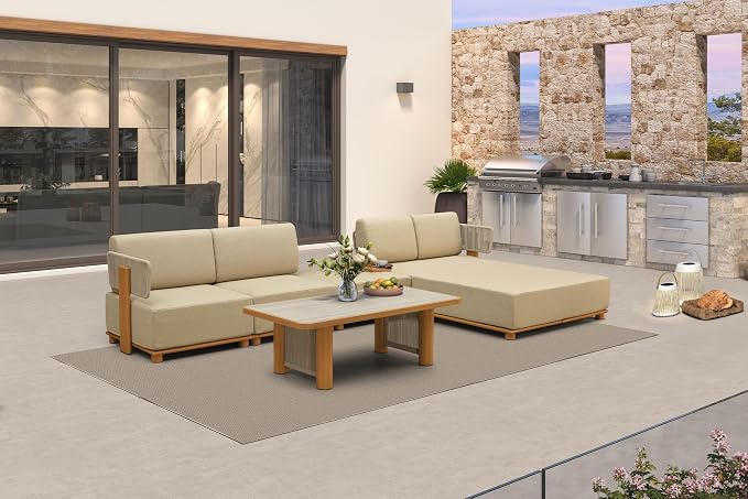 PURPLE LEAF Patio Furniture Set L-Shaped Outdoor Sectional Sofa with 11" Thick Cushion 5-Piece Outdoor Conversation Set w/Daybed & White Lights for Backyard Poolside Ottoman & Table Included, Beige